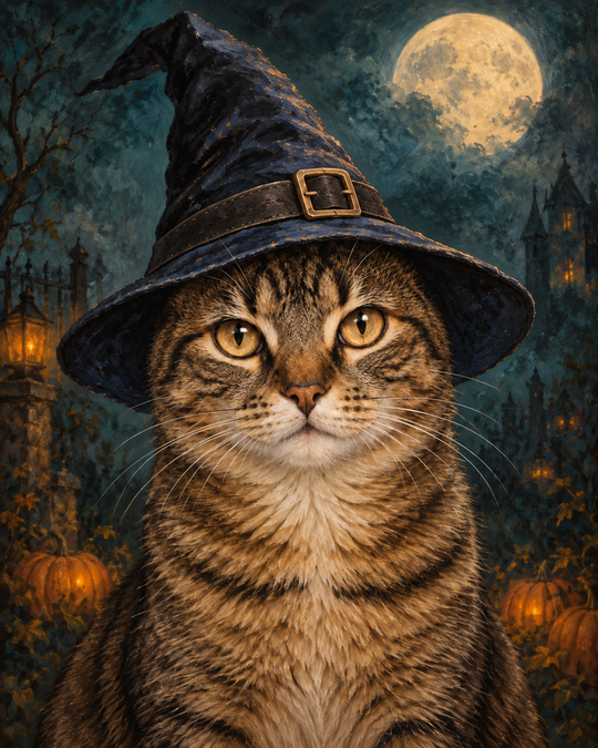 A tabby cat wearing a witch hat with its ears covered, against a moonlit Halloween background.