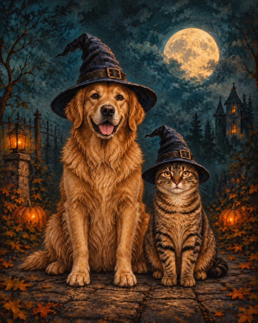 A golden retriever and tabby cat wearing witch hats in a moonlit Halloween painting.