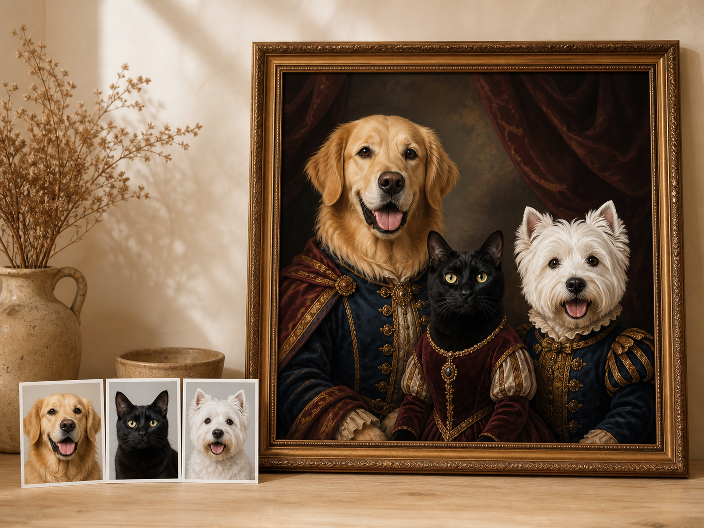 Multiple pets combined from separate photos into one custom portrait