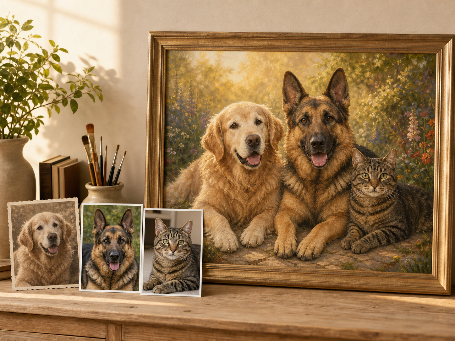 Past and present pets together in one custom portrait