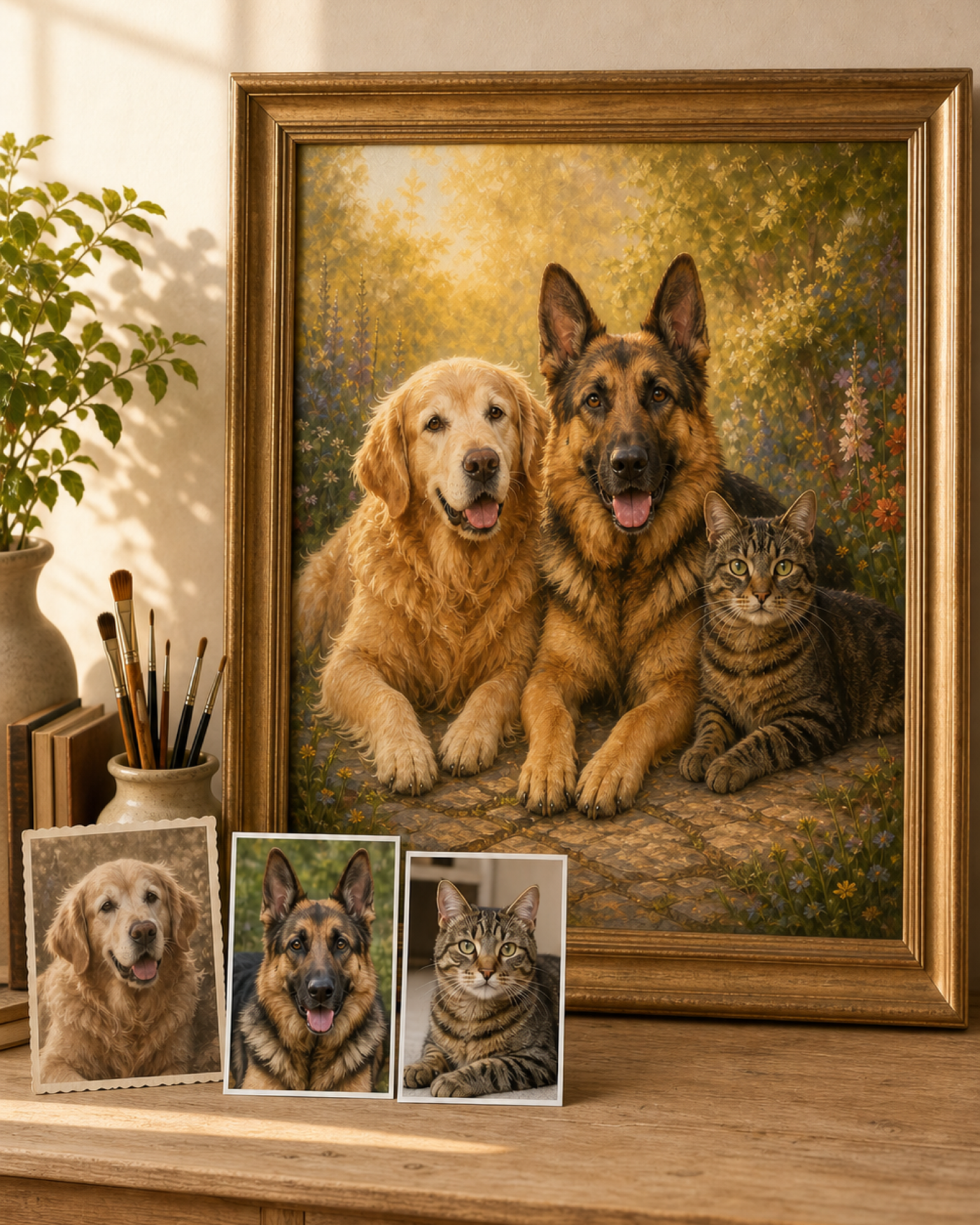 Past and present pets remembered together in one warm custom portrait