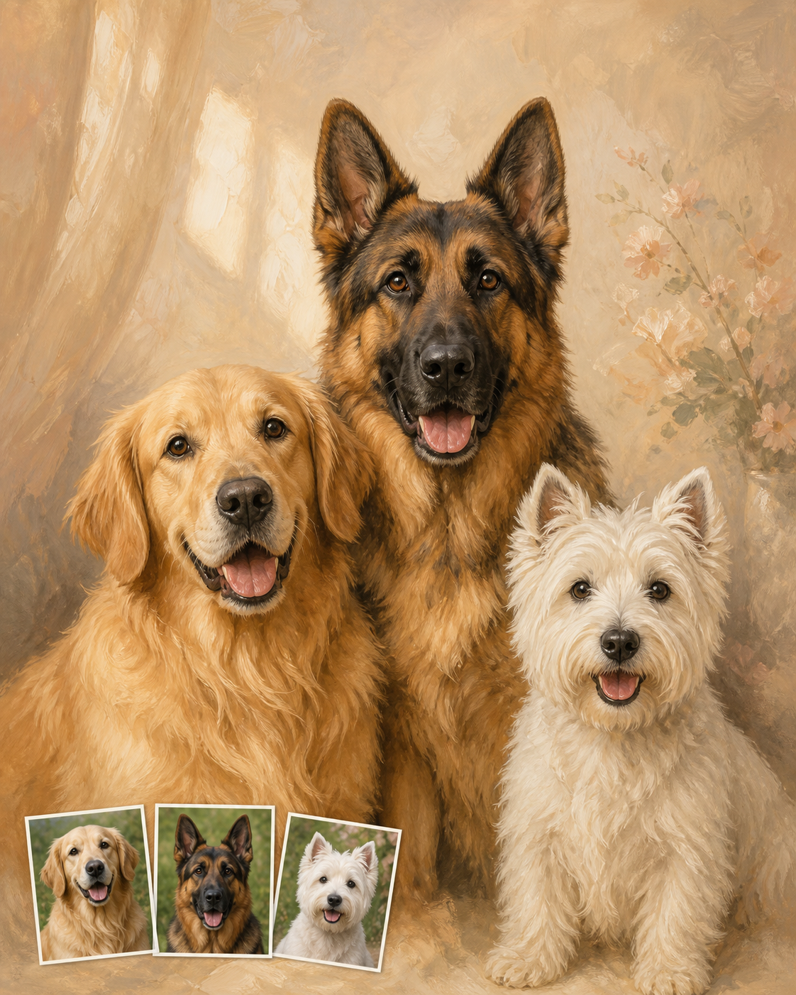 Three dogs brought together from separate photos in one custom family portrait