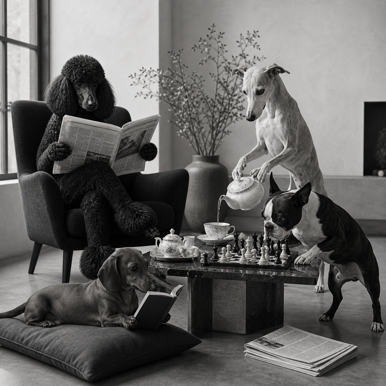 Black-and-white editorial-style portrait of four dogs in a modern reading room: a black poodle reads in an armchair, a pale sighthound pours tea, a Boston terrier watches a chessboard, and a dachshund reads on a cushion.
