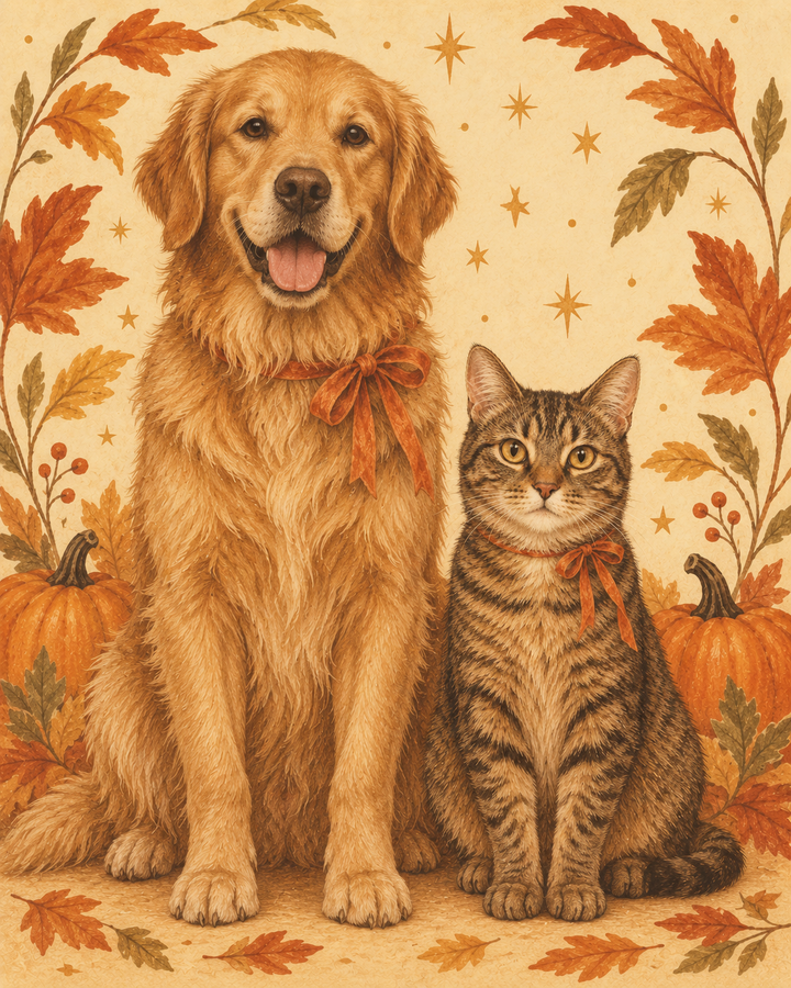 A golden retriever and tabby cat with orange ribbons, surrounded by pumpkins and autumn leaves.