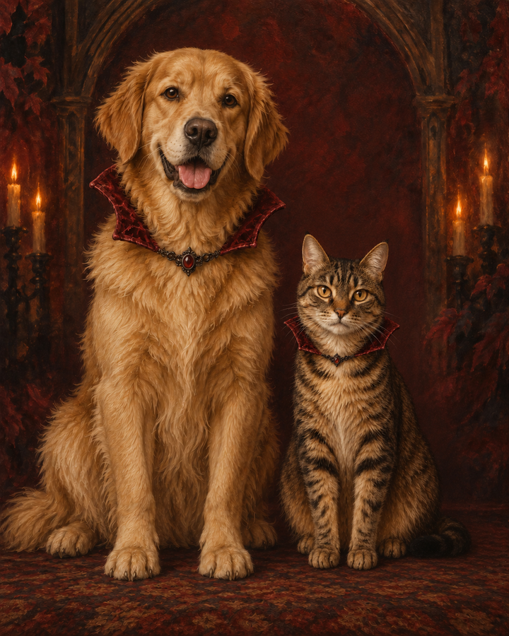 A golden retriever and tabby cat in burgundy vampire collars, seated in a candlelit gothic setting.