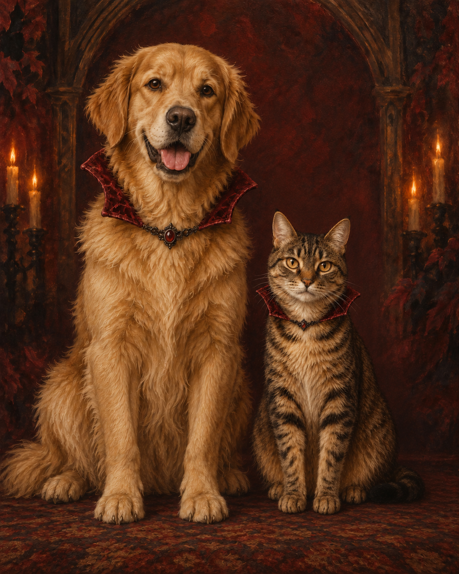 A golden retriever and tabby cat in burgundy vampire collars, seated in a candlelit gothic setting.