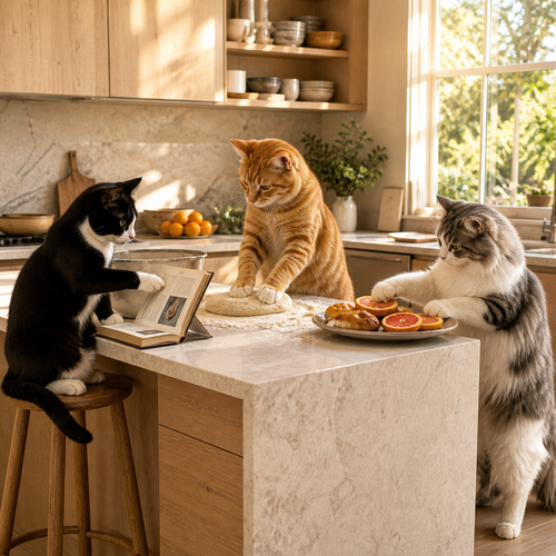 Warm lifestyle portrait of three cats baking in a sunlit kitchen: a tuxedo cat studies a recipe, an orange tabby kneads dough, and a fluffy gray-and-white cat arranges citrus pastries.