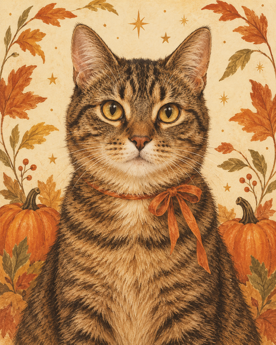 A tabby cat with an orange ribbon, framed by pumpkins and autumn leaves on a cream background.