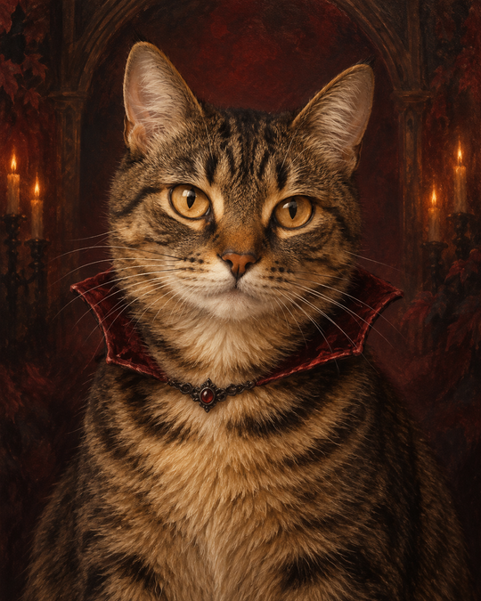 A tabby cat in a burgundy vampire collar, painted against a dark candlelit background.