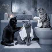 Cool blue-gray photographic portrait of three cats in a modern bathroom: a black cat brushes a gray cat in a towel while a silver tabby holds folded towels beside the vanity.