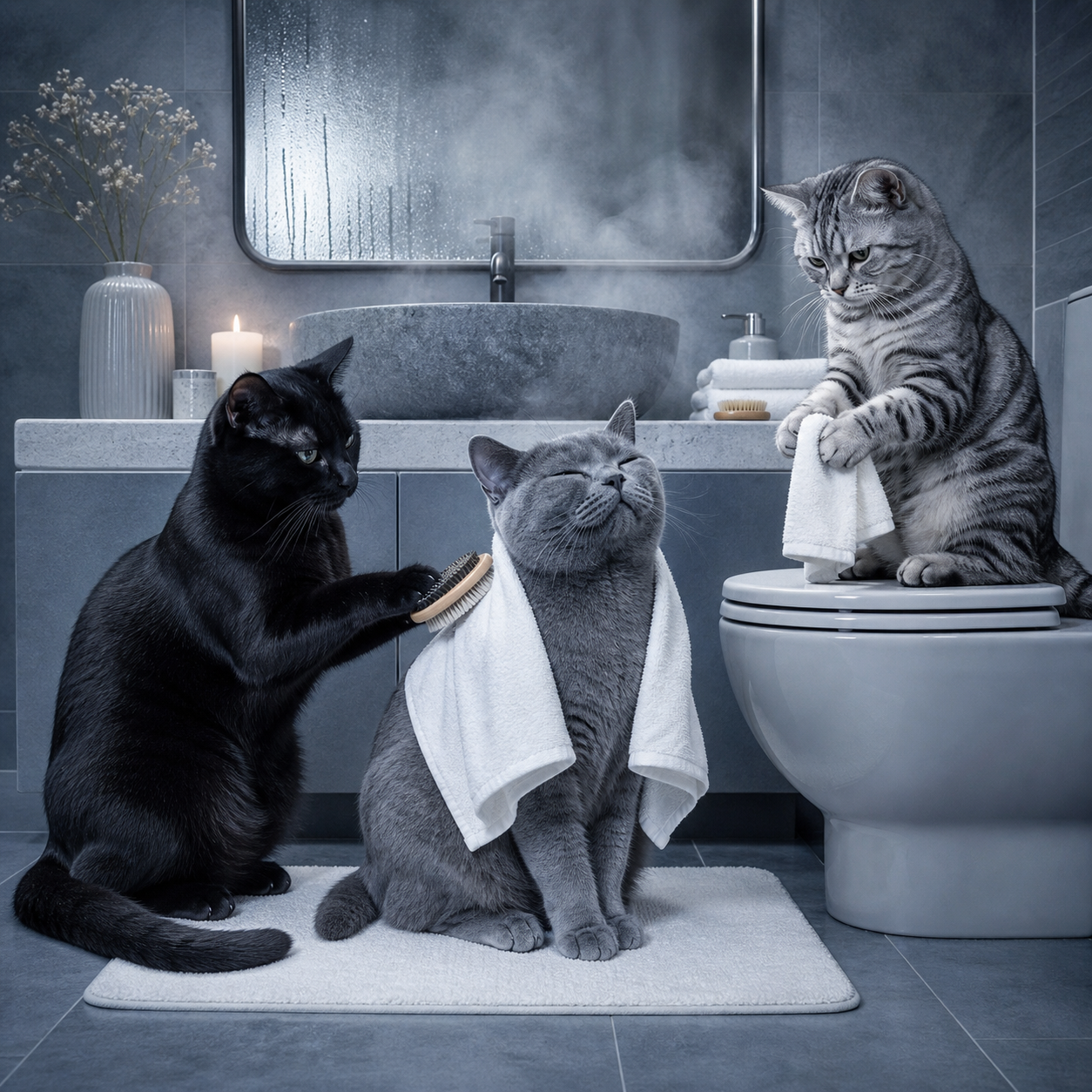 Cool blue-gray photographic portrait of three cats in a modern bathroom: a black cat brushes a gray cat in a towel while a silver tabby holds folded towels beside the vanity.