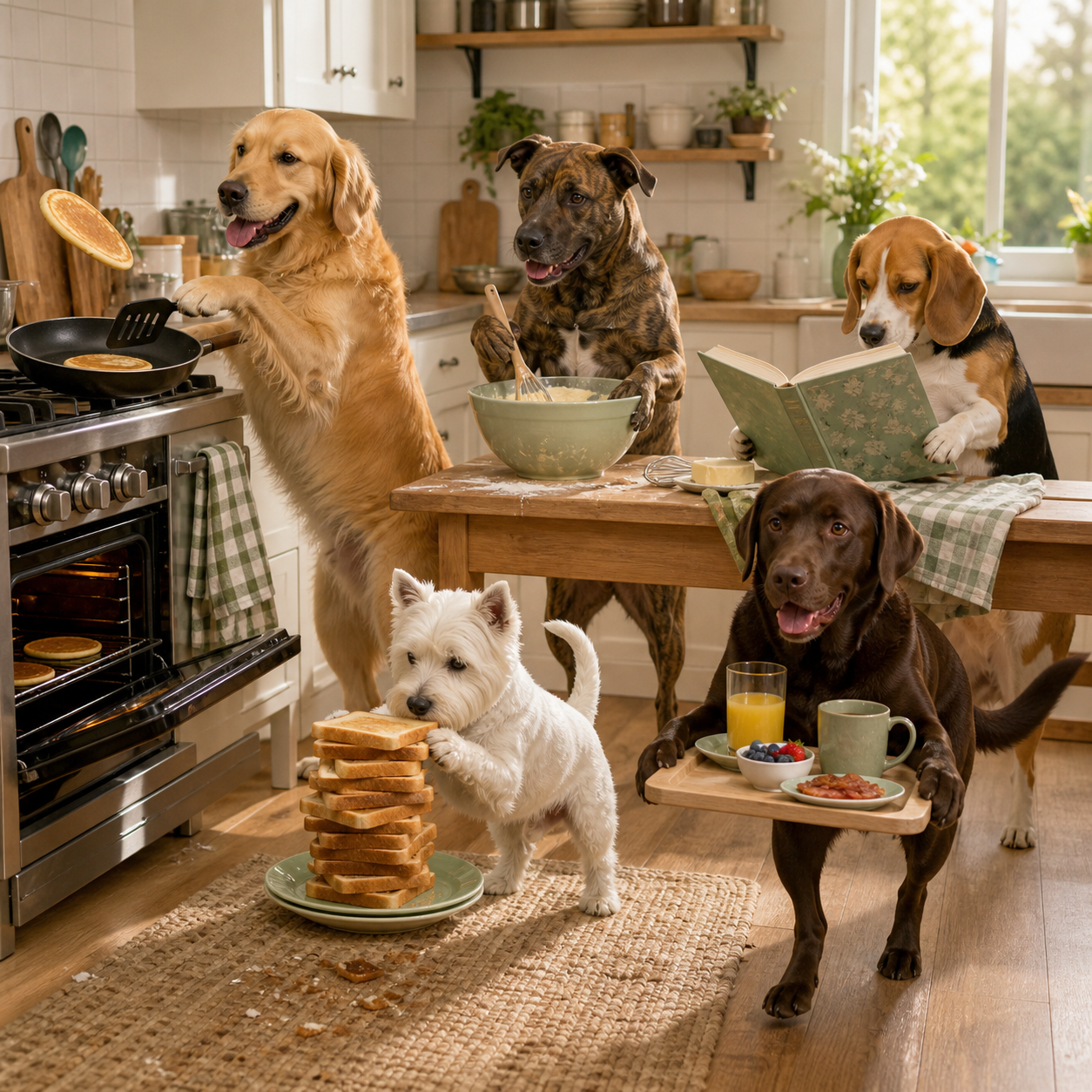 Warm lifestyle portrait of five dogs cooking breakfast in a contemporary kitchen: a golden retriever flips a pancake, a brindle dog stirs batter, a beagle reads a recipe, a white terrier stacks toast, and a chocolate Labrador carries a breakfast tray.