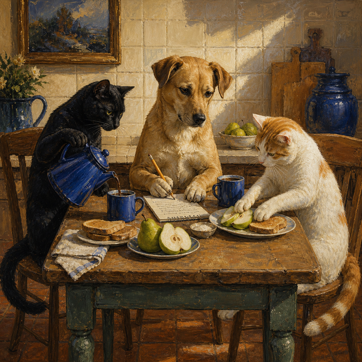 Textured oil painting of a tan dog and two cats at a rustic breakfast table: a black cat pours coffee from a cobalt pot, the dog writes on a notepad, and a white-and-orange cat prepares pears.