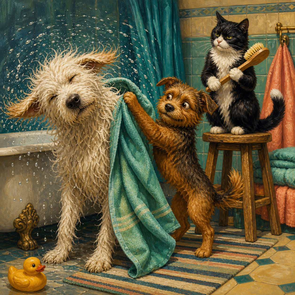Colorful narrative oil painting of bath-time mischief: a wet shaggy white dog shakes water by a claw-foot tub, a small brown terrier pulls a teal towel, and a black-and-white cat holds a brush from a stool.