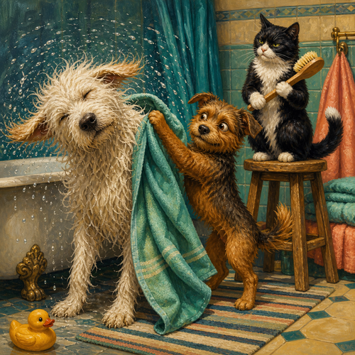 Colorful narrative oil painting of bath-time mischief: a wet shaggy white dog shakes water by a claw-foot tub, a small brown terrier pulls a teal towel, and a black-and-white cat holds a brush from a stool.