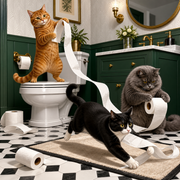 Bright lifestyle portrait of three cats causing a toilet paper caper in a green bathroom: an orange tabby unrolls paper on the toilet, a gray cat holds a roll, and a tuxedo cat runs through the paper on the bathmat.