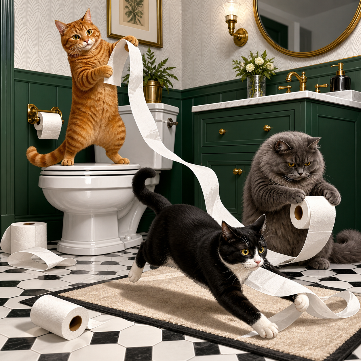 Bright lifestyle portrait of three cats causing a toilet paper caper in a green bathroom: an orange tabby unrolls paper on the toilet, a gray cat holds a roll, and a tuxedo cat runs through the paper on the bathmat.