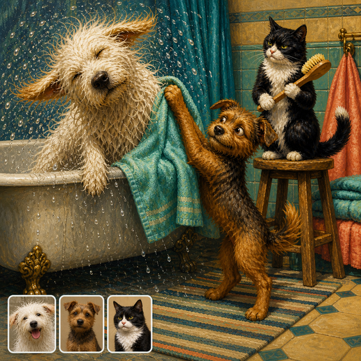 A colorful oil-painted bath scene shows a wet shaggy white dog, small brown terrier, and black-and-white cat, with three matching source-photo cards in the lower left.