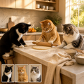 A sunny baking-kitchen portrait shows a tuxedo cat, orange tabby, and fluffy gray-and-white cat, with three matching source-photo cards in the lower left.