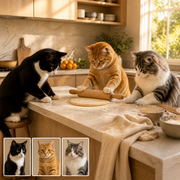A sunny baking-kitchen portrait shows a tuxedo cat, orange tabby, and fluffy gray-and-white cat, with three matching source-photo cards in the lower left.