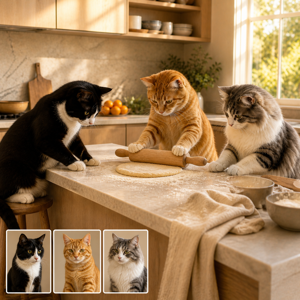 A sunny baking-kitchen portrait shows a tuxedo cat, orange tabby, and fluffy gray-and-white cat, with three matching source-photo cards in the lower left.