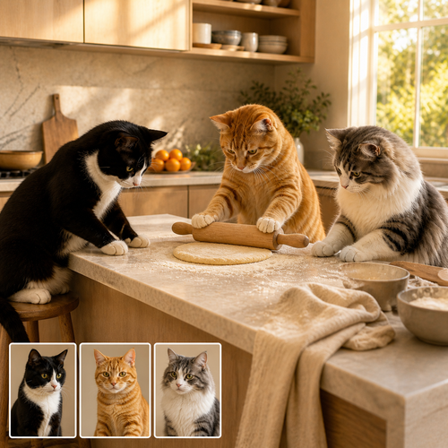 A sunny baking-kitchen portrait shows a tuxedo cat, orange tabby, and fluffy gray-and-white cat, with three matching source-photo cards in the lower left.