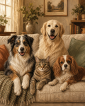 Cozy Family Couch custom multi-pet digital portrait