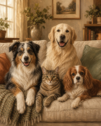 Cozy Family Couch custom multi-pet digital portrait