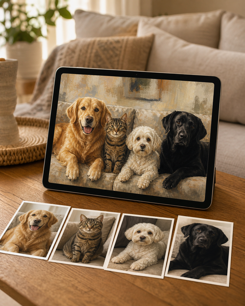 Separate pet photos transformed into a Cozy Family Couch digital portrait