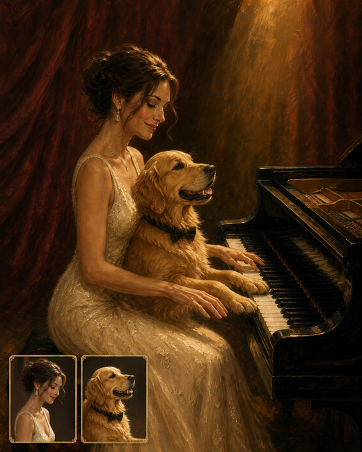 Customization preview for Four-Paw Piano Duet: woman and golden retriever at grand piano; reference cards correspond to the final subjects.