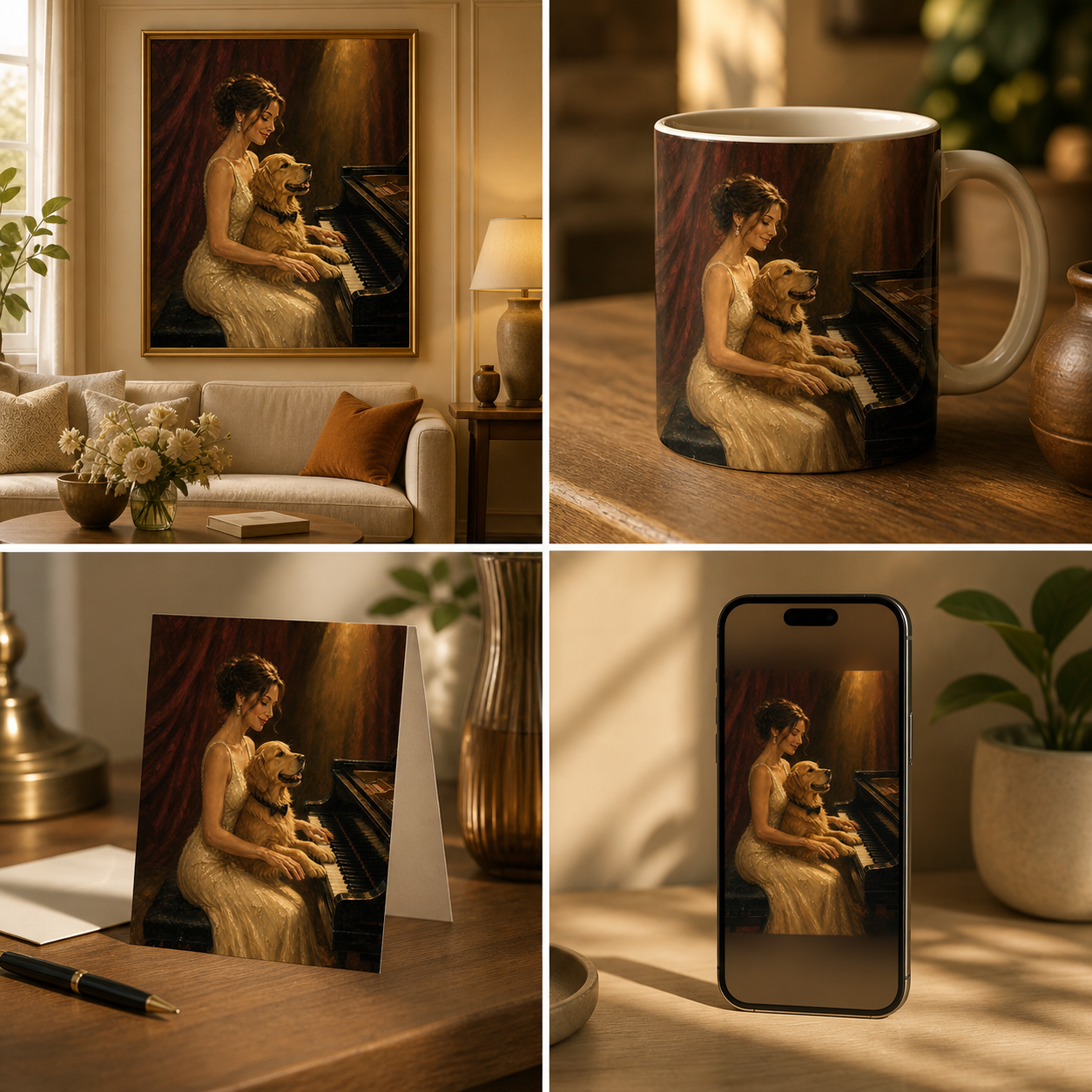 Four-Paw Piano Duet portrait shown as wall art, mug, greeting card, and phone wallpaper