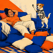 Finished bold screenprint editorial artwork for Game Day Together: Latina woman and tan-white Jack Russell.
