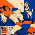 Customization preview for Game Day Together: Latina woman and tan-white Jack Russell; reference cards correspond to the final subjects.