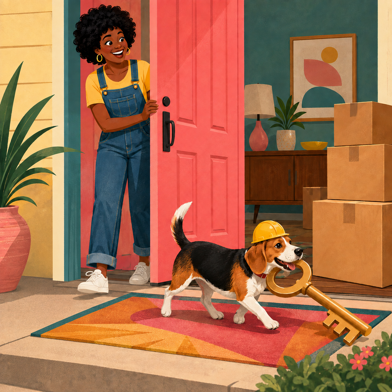 Finished mid-century poster artwork for Home at Last — Housewarming: Black woman and tricolor beagle.