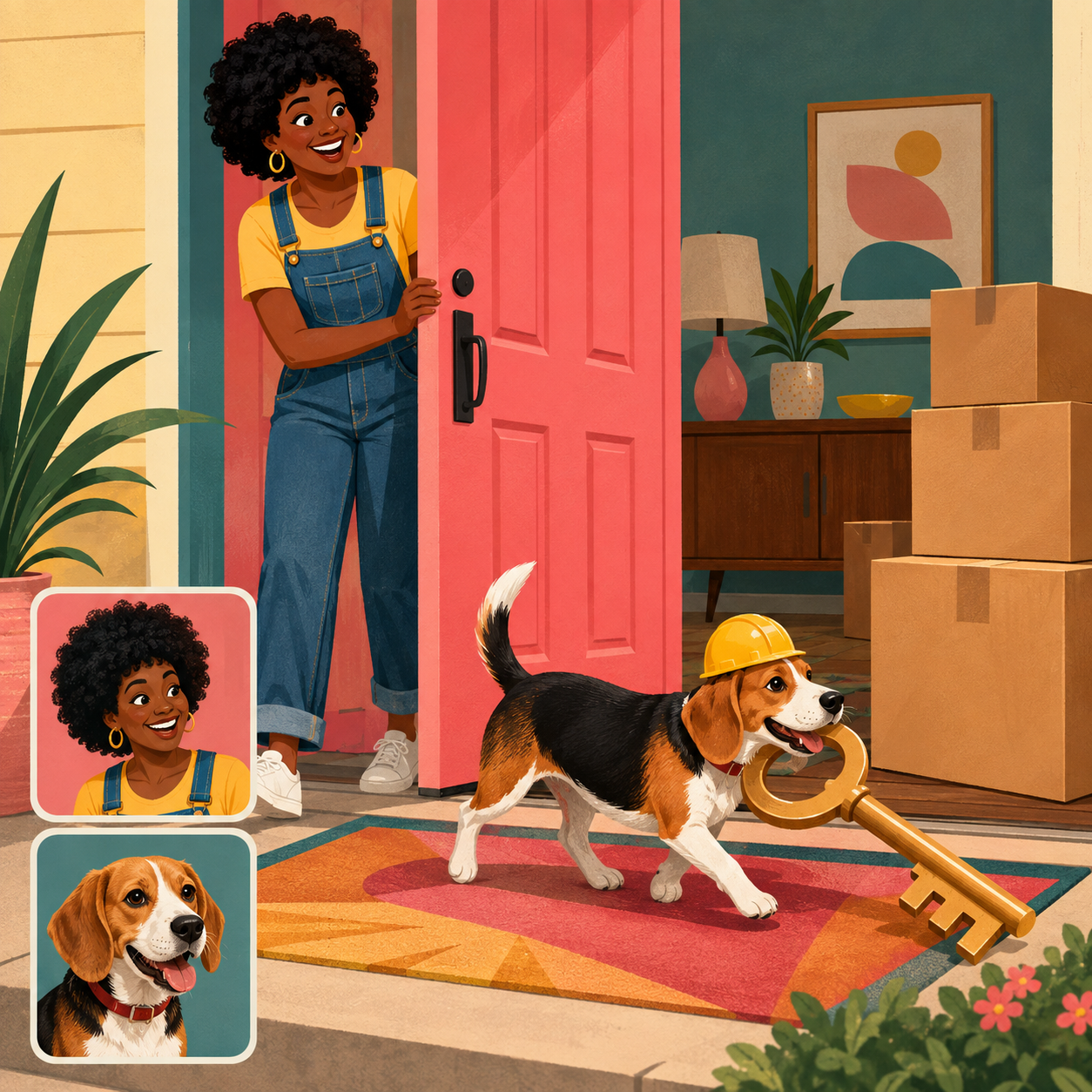 Customization preview for Home at Last — Housewarming: Black woman and tricolor beagle; reference cards correspond to the final subjects.