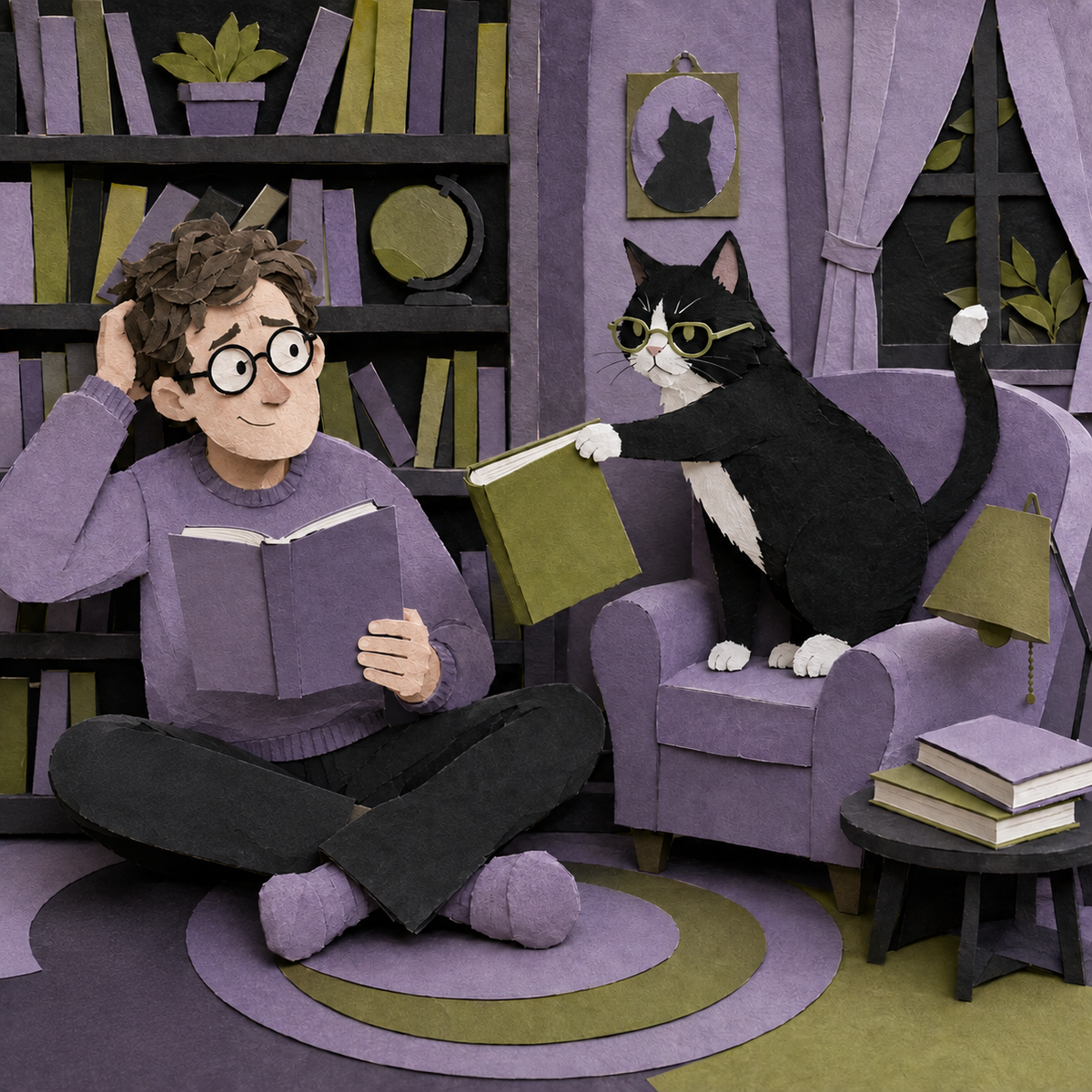 Finished hand-cut paper collage artwork for The Reading Nook: white man with glasses and tuxedo cat.