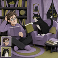 Customization preview for The Reading Nook: white man with glasses and tuxedo cat; reference cards correspond to the final subjects.