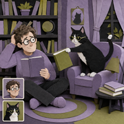 Customization preview for The Reading Nook: white man with glasses and tuxedo cat; reference cards correspond to the final subjects.