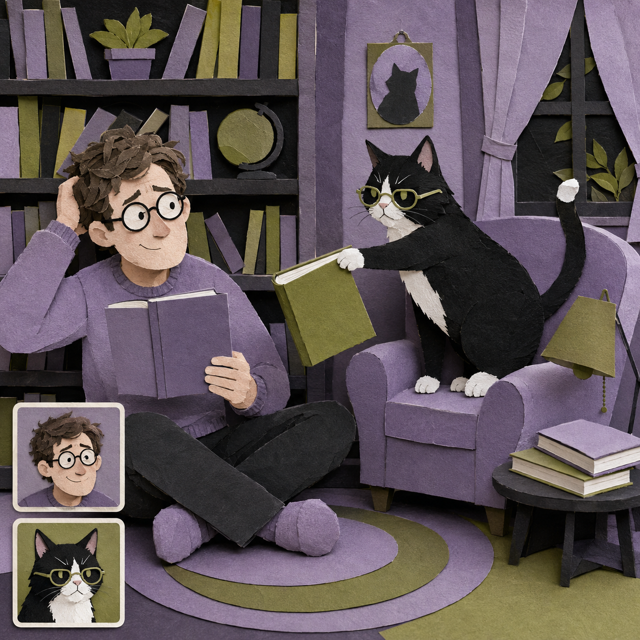 Customization preview for The Reading Nook: white man with glasses and tuxedo cat; reference cards correspond to the final subjects.