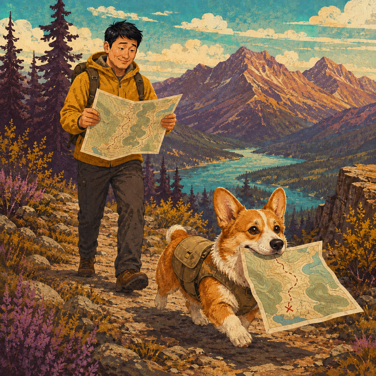 Finished retro travel poster artwork for Trail Together — Hiking Adventure: East Asian man and red-white Pembroke Welsh corgi.