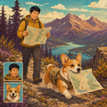 Customization preview for Trail Together — Hiking Adventure: East Asian man and red-white Pembroke Welsh corgi; reference cards correspond to the final subjects.