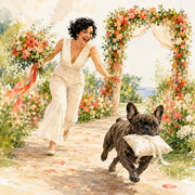 Finished watercolor gouache artwork for Wedding Day — The Ring Bearer: curly-haired bride and brindle French bulldog.