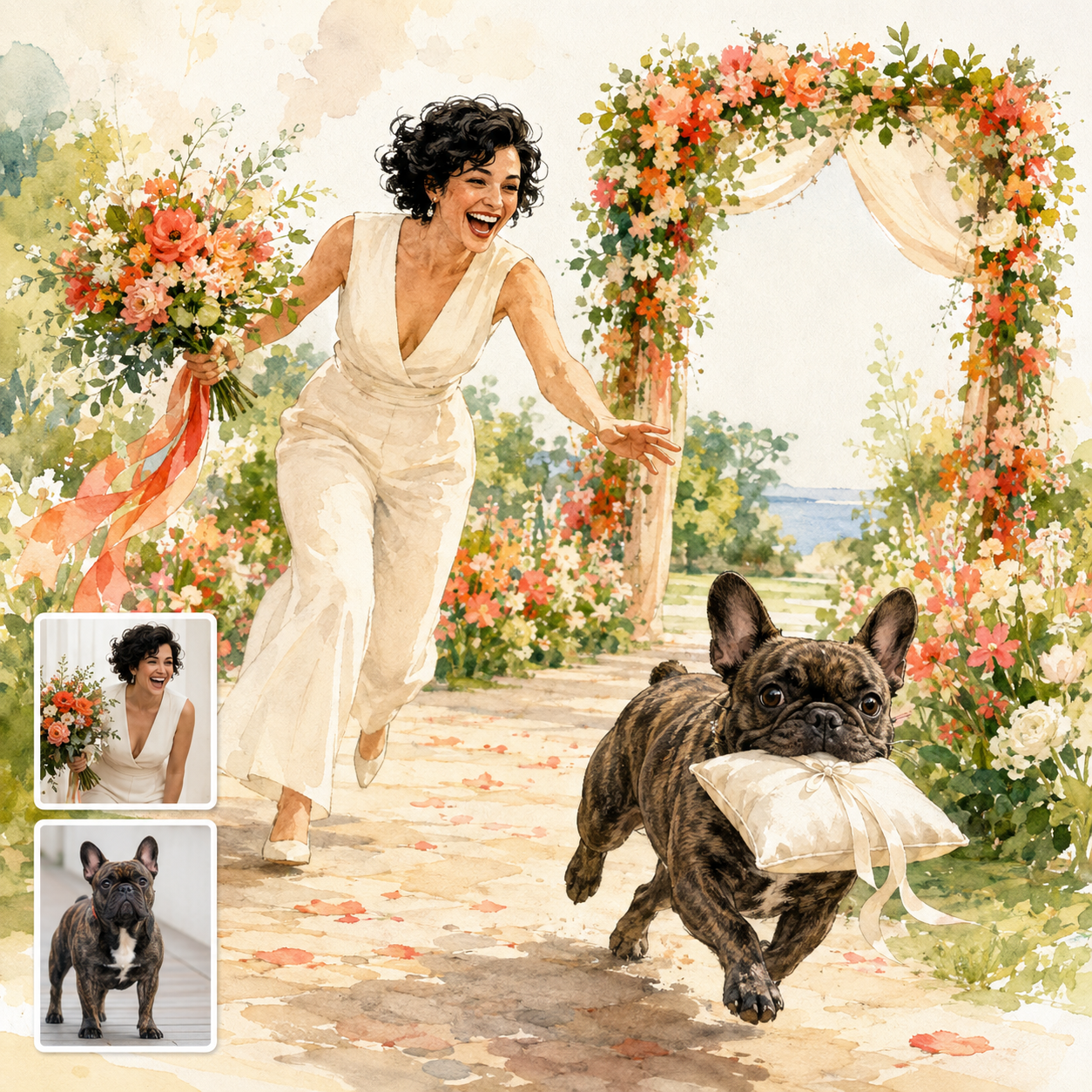 Customization preview for Wedding Day — The Ring Bearer: curly-haired bride and brindle French bulldog; reference cards correspond to the final subjects.