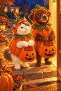 PawtyArt artwork example: two pets looking up at an open doorway in an imagined Halloween scene