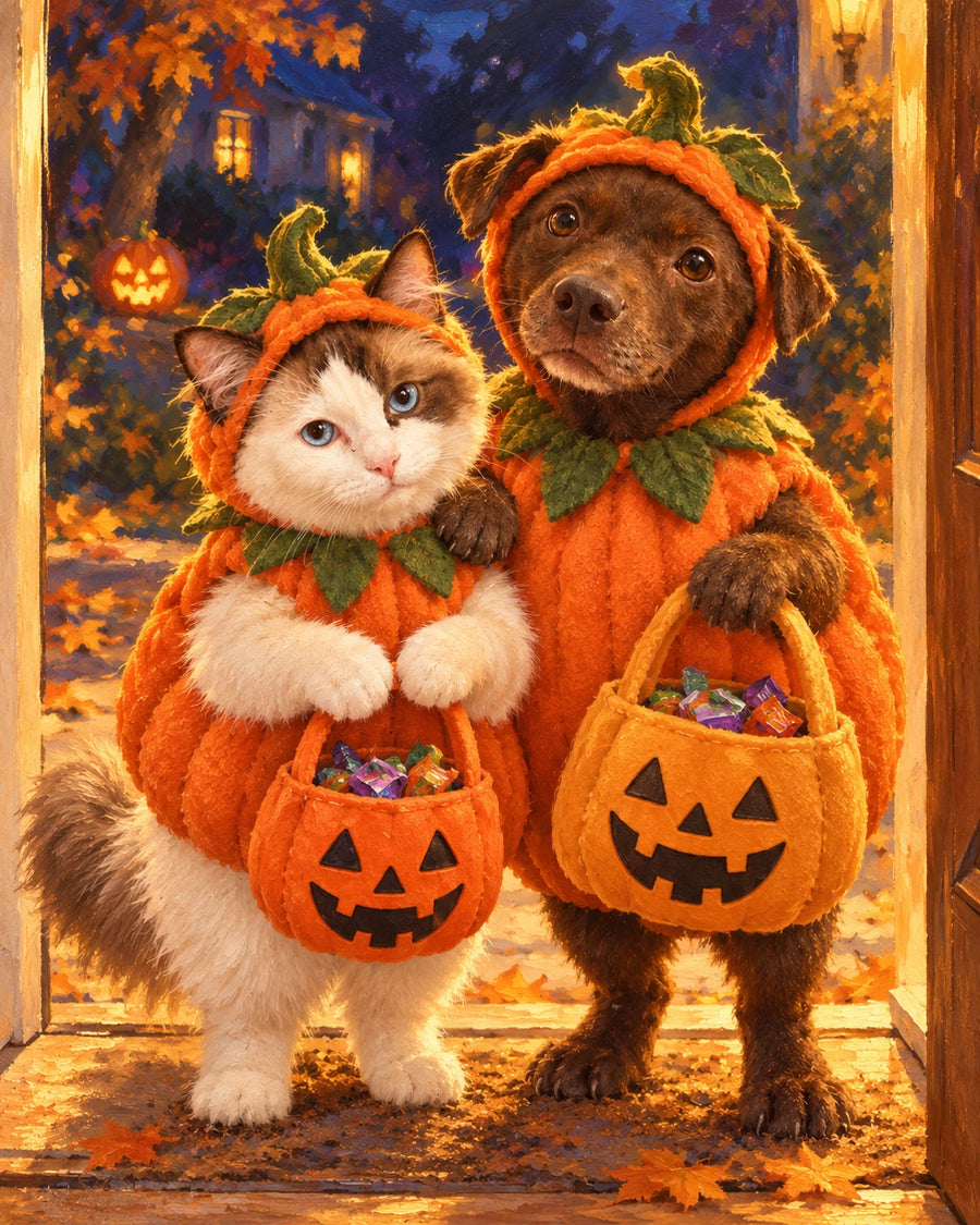 PawtyArt digital artwork example: Dove and Hedi imagined trick-or-treating