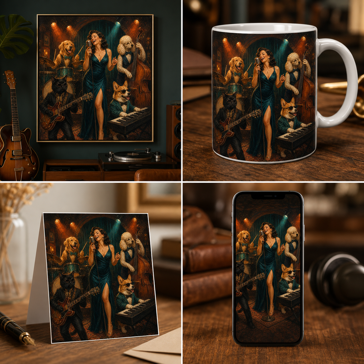 The House Band portrait shown as wall art, mug, greeting card, and phone wallpaper