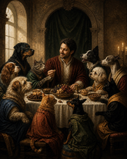 Renaissance-style custom Pet & Human portrait at a grand banquet