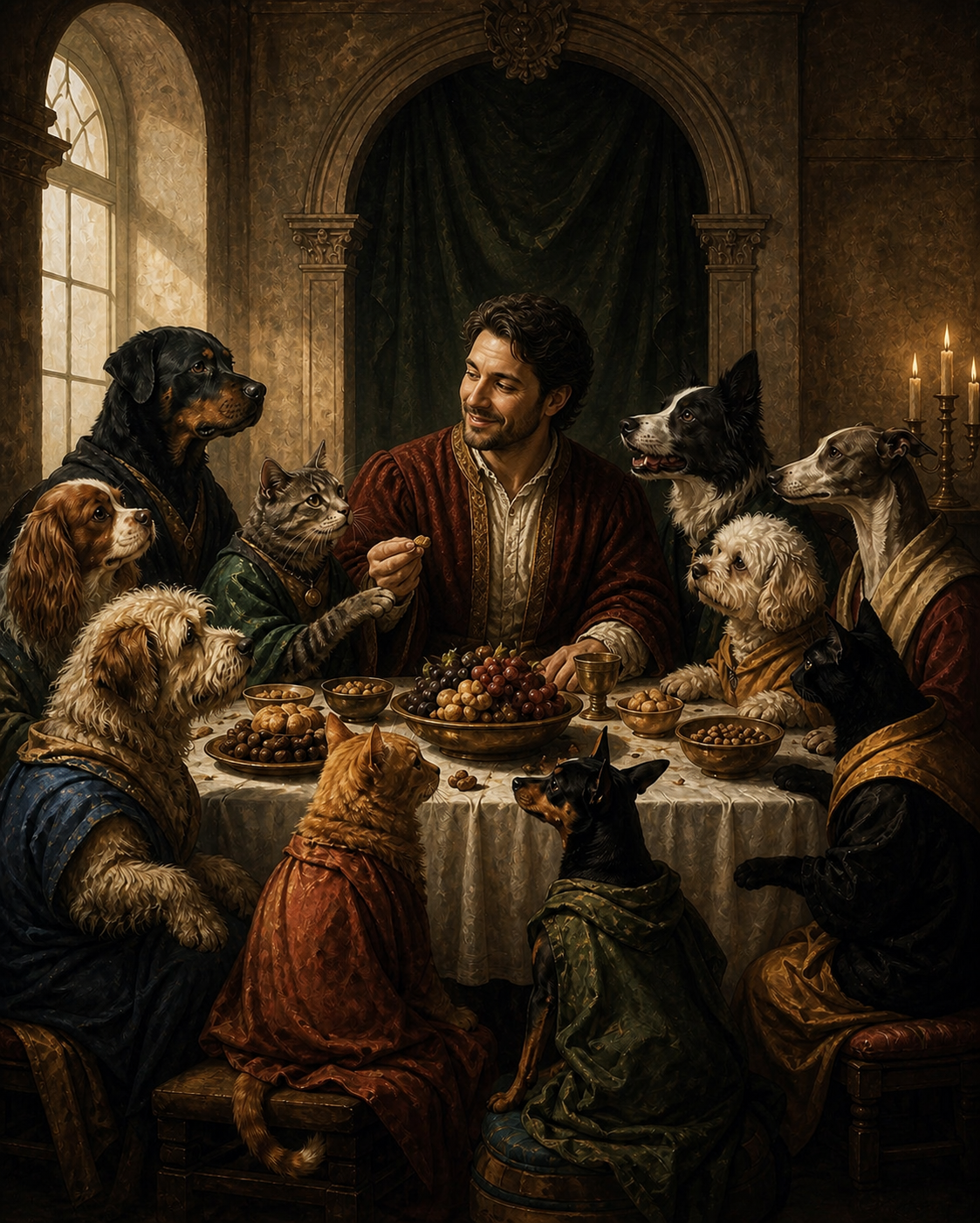 Renaissance-style custom Pet & Human portrait at a grand banquet