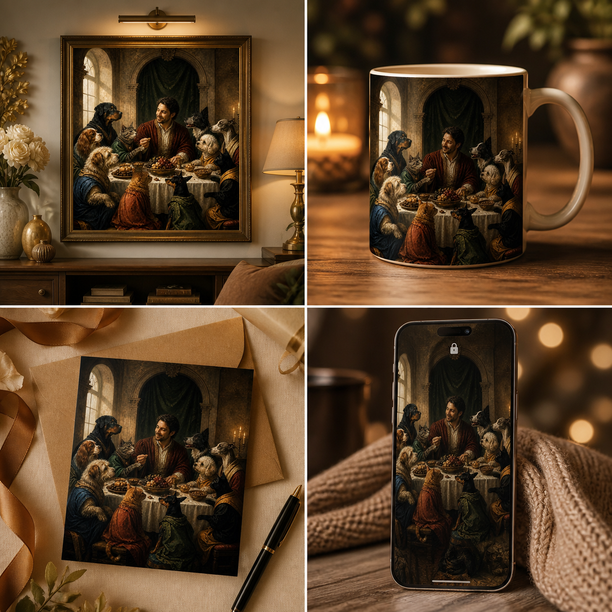 Pet & Human digital portrait shown as wall art, mug, card and phone wallpaper