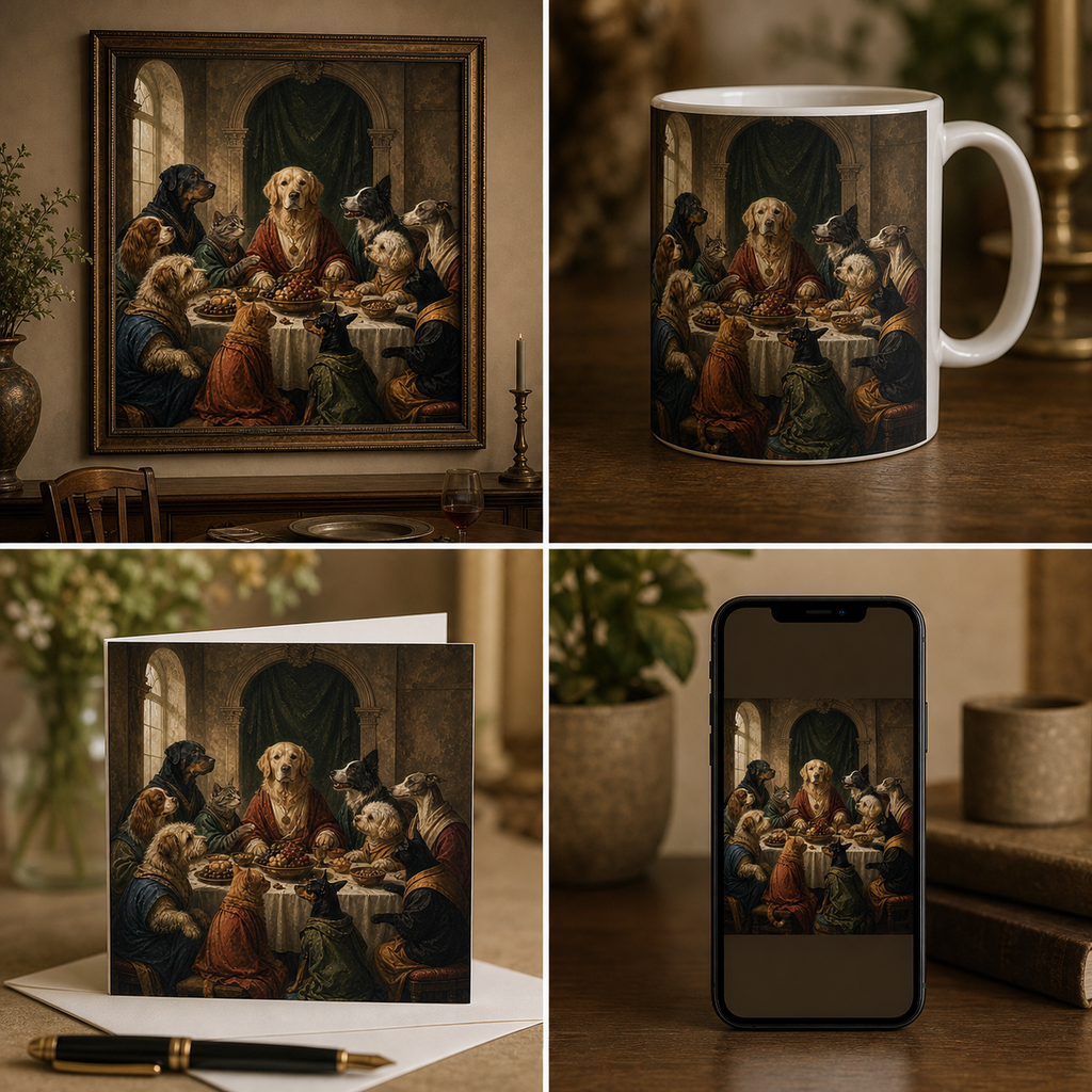 The Last Treat portrait shown as wall art, mug, greeting card, and phone wallpaper